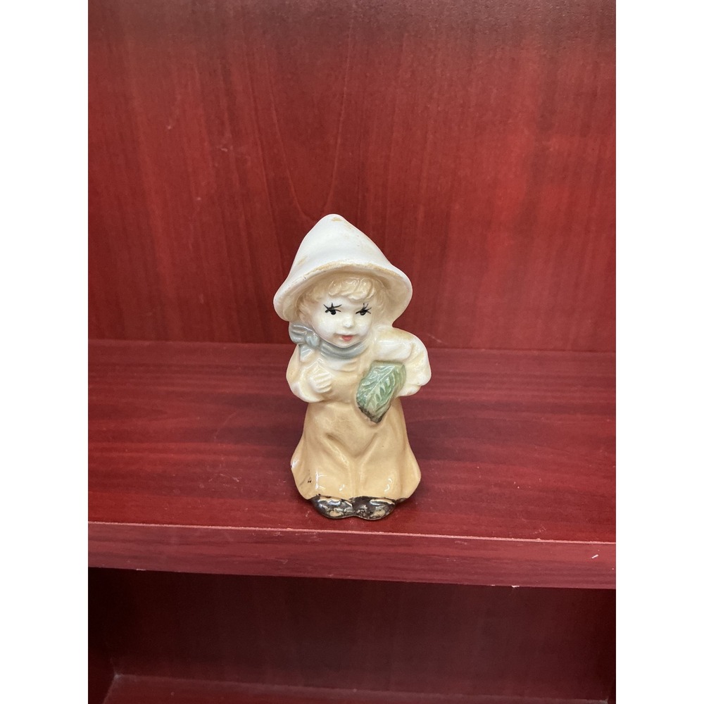 Vintage Ceramic Little Girl Figurine Holding Leaf Collectible Decor‎